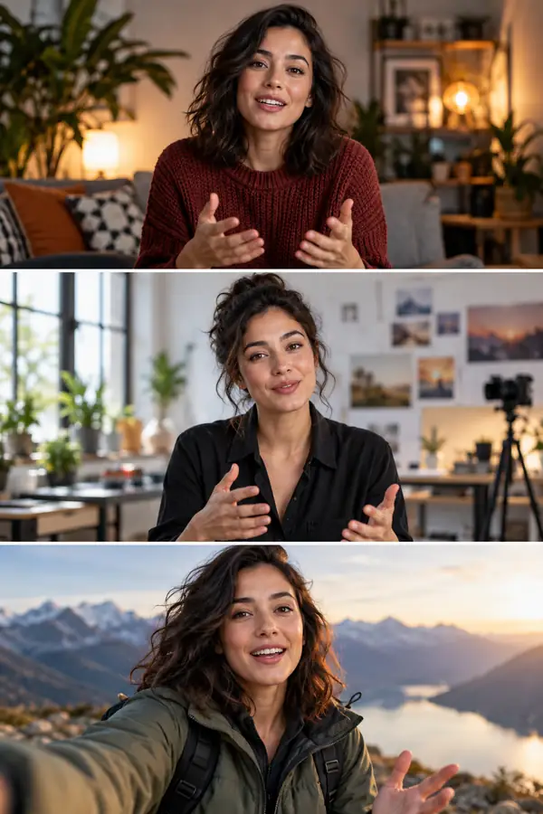 Drei hochwertige, vertikal übereinander angeordnete Videoporträts desselben Moderators in verschiedenen Umgebungen