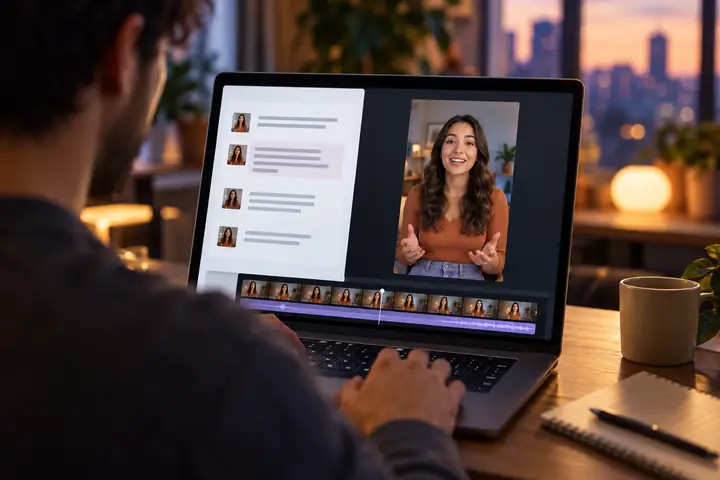 Eine hochwertige Benutzeroberfläche zur Videoerstellung mit einem kurzen Skript neben einem sprechenden Moderator in der Vorschau eines vertikalen Videos