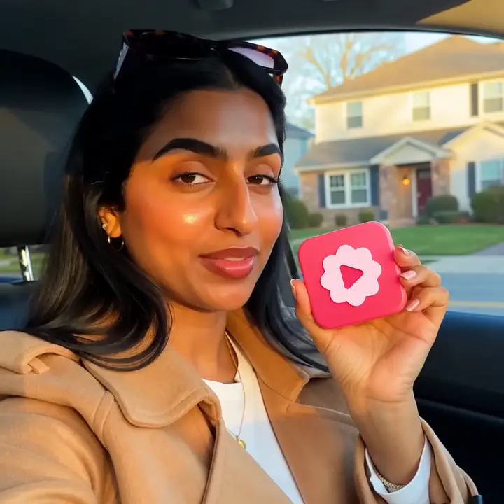 Eine Content-Creatorin hält in einem hellen Lifestyle-Video ein Hautpflegeserum in der Hand