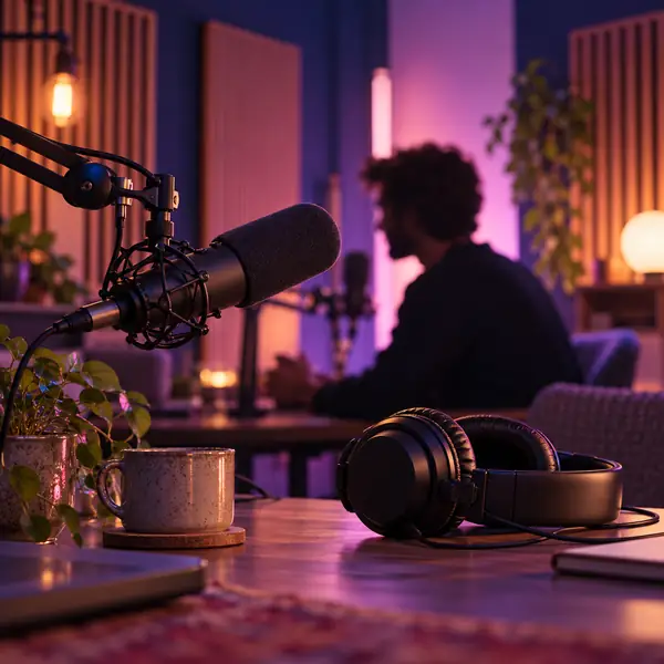 Ein Podcast-Host spricht in einem gemütlichen Studio in ein Mikrofon