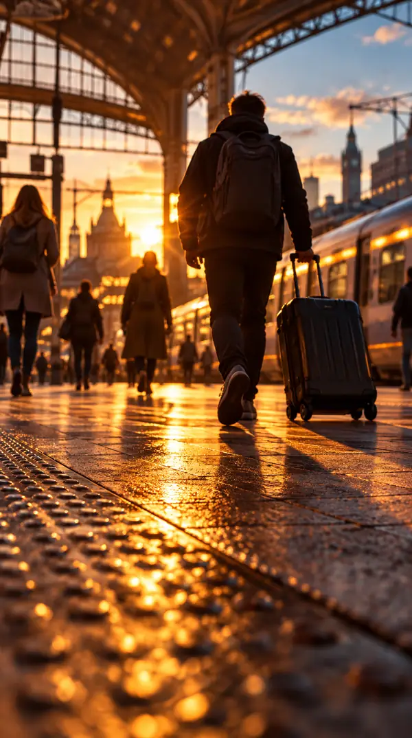 Atmosphärische urbane Szene mit Menschen, die sich durch einen Bahnhof bewegen