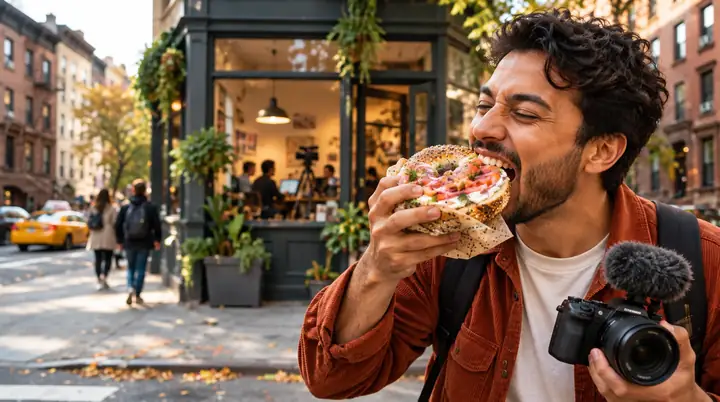 Fröhliche Streetfood-Szene mit einer Person, die einen Bagel genießt