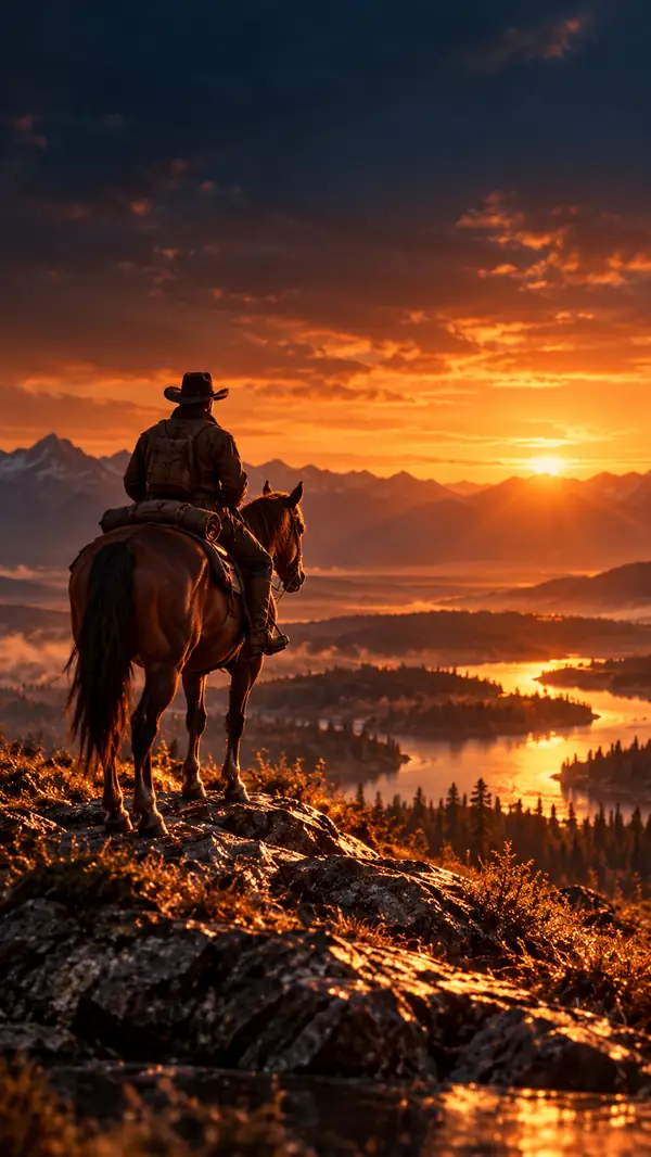 Stimmungsvolle Landschaft im Editorial-Stil mit einem einzelnen Reiter und Pferd